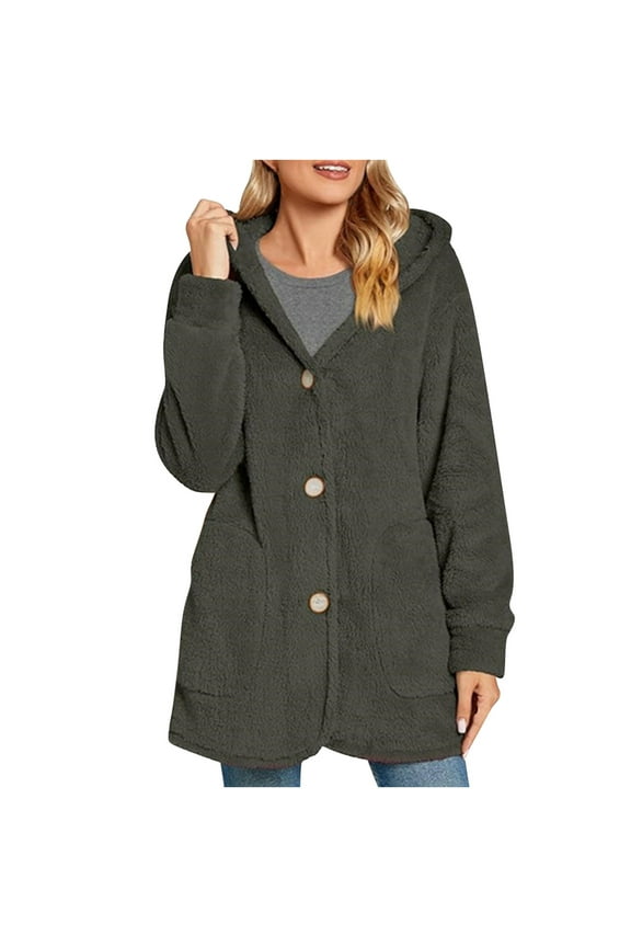 Womens Fuzzy Jacket Long Sleeve Button down Hoodie Coats Winter Casual Loose Warm Outerwear with Pockets