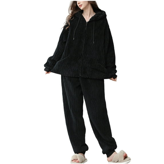 HAiming Womens Fuzzy Pajama Set Plush Long Sleeve Zip up Hooded and Pants Sleepwear 2 Piece Pjs Casual Cozy Loungewear
