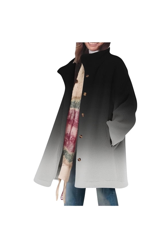 Womens Gradient Fleece Long Jacket Plus Size Stand Collar Coat Casual Long Sleeve Button down Outwear Warm Soft Clothes
