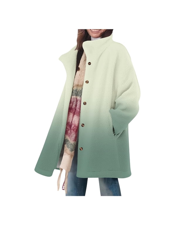 Womens Gradient Fleece Long Jacket Plus Size Stand Collar Coat Casual Long Sleeve Button down Outwear Warm Soft Clothes