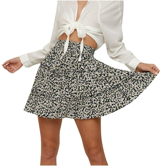 HAiming Womens High Waist Floral Mini Skirt Summer Casual Drawstring Boho Print Beach Ruffle Tiered Short Skirt