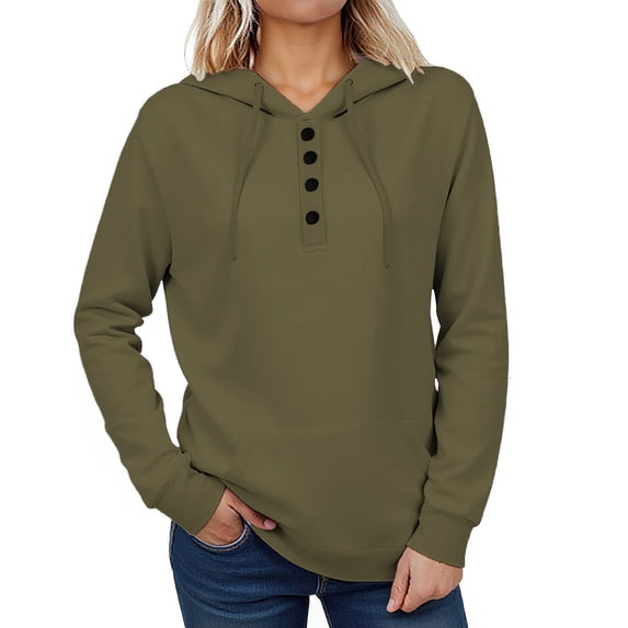 HAiming Womens Hoodies Button Collar Drawstring Hooded Pullover Sweatshirt Casual Long Sleeve Tops Shirts
