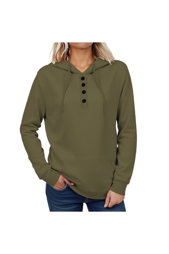 Womens Hoodies Button Collar Drawstring Hooded Pullover Sweatshirt Casual Long Sleeve Tops Shirts
