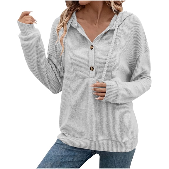 HAiming Womens Hoodies Casual Button V Neck Long Sleeve Pullover Solid Color Hooded Sweatshirt with Pocket