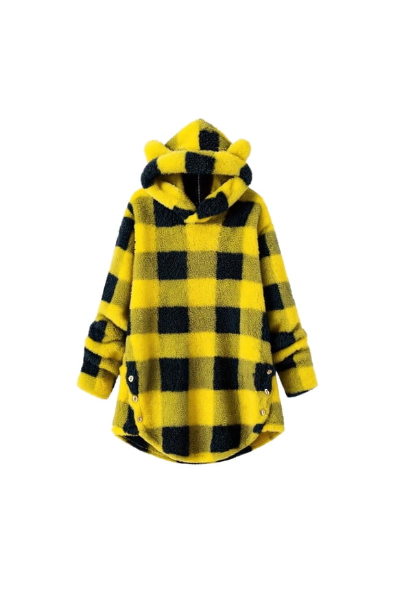 Womens Hoodies Ear Fleece Winter Warm Hooded Sweatshirt Long Sleeve Loose Oversize Button Pullover Tops