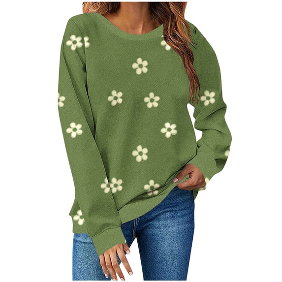 HAiming Womens Hoodless Sweatshirt Flower Printed Crew Neck Long Sleeve Pullover Tops Fall Winter Clothes