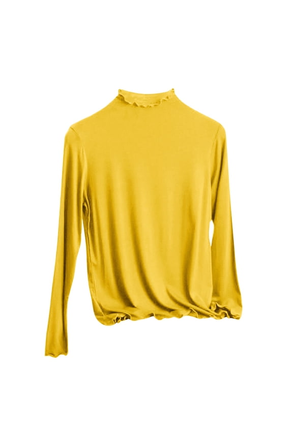 Womens Inner Tops Ruffle Long Sleeve Crew Neck Solid Color Casual Solid Color Pullover Blouse
