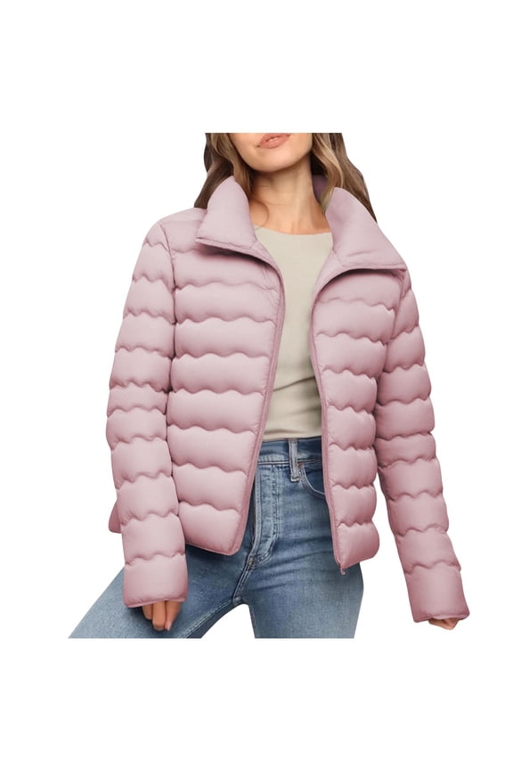Womens Jacket Stand Collar Lightweight Oversize Quilted Long Sleeve Zip Padded Warm Outerwear Coats