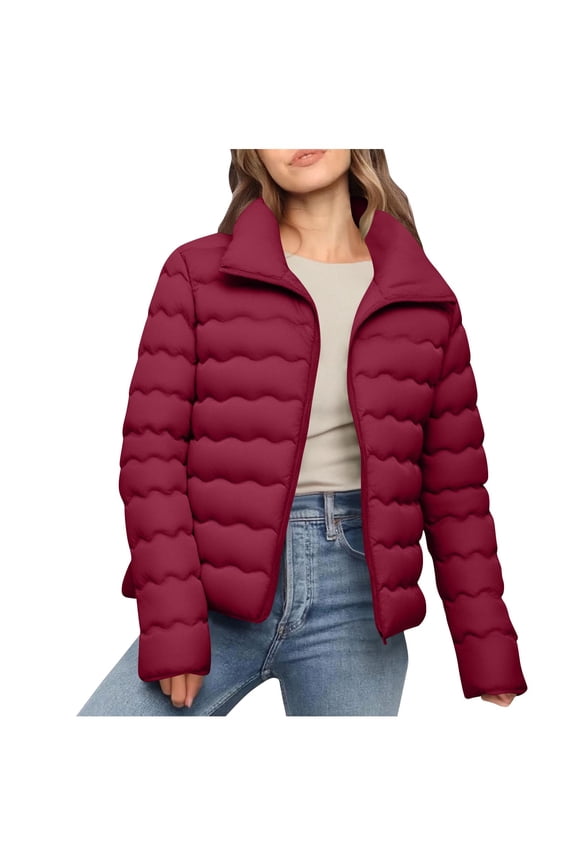 Womens Jacket Stand Collar Lightweight Oversize Quilted Long Sleeve Zip Padded Warm Outerwear Coats