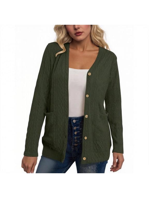 Womens Knit Cardigan Long Sleeve Button down V Neck Solid Color Lightweight Sweaters with Pockets