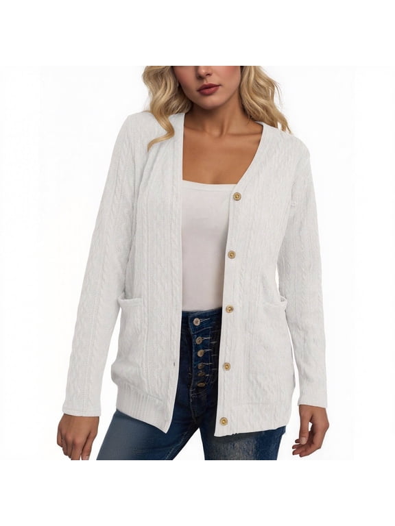 Womens Knit Cardigan Long Sleeve Button down V Neck Solid Color Lightweight Sweaters with Pockets