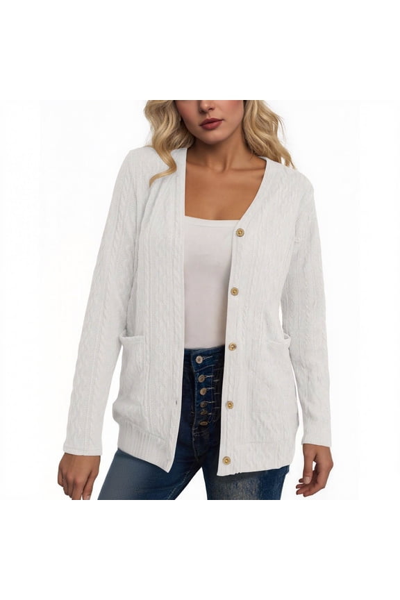 Womens Knit Cardigan Long Sleeve Button down V Neck Solid Color Lightweight Sweaters with Pockets