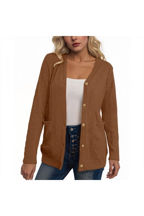 Womens Knit Cardigan Long Sleeve Button down V Neck Solid Color Lightweight Sweaters with Pockets