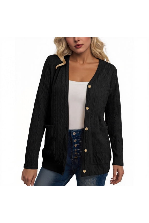 Womens Knit Cardigan Long Sleeve Button down V Neck Solid Color Lightweight Sweaters with Pockets