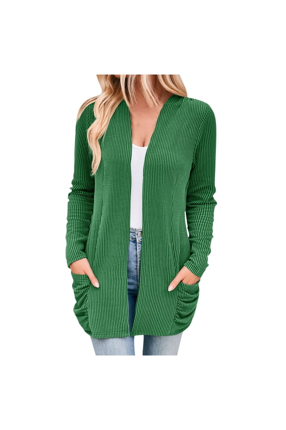Womens Knit Cardigan Open Front Long Sweater Casual Loose Long Sleeve Solid Color Coat Outerwear with Pockets