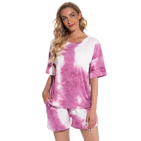 HAiming Womens Knit Cotton Pajama Set Tie-Dyed Short Sleeve Tee Shorts Going out 2 Piece Outfits Loungewear