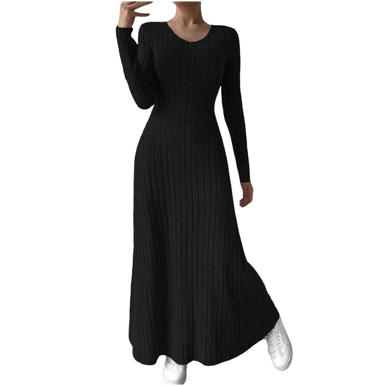 HAiming Womens Knit Maxi Dress V Neck Long Sleeve Ribbed Solid Color Flared  Fall Winter Trendy Sweater