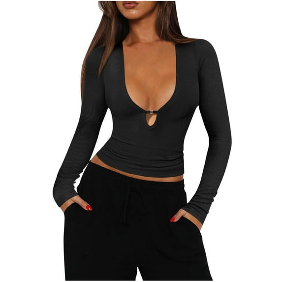 HAiming Womens Knit Shirt Crop Long Sleeve Deep V Neck Ribbed Tops Slim Fitted Trendy Casual Tight Tee