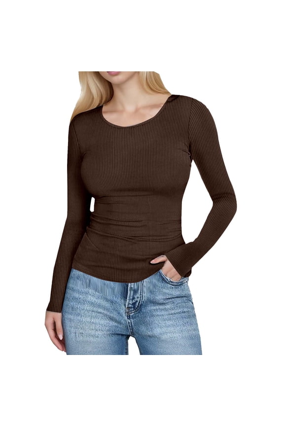 Womens Knit Shirt Slim Fitted Long Sleeve Round Neck Soft Ribbed Solid Color Sweater Pullover Tops