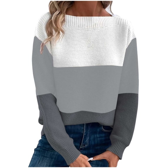 HAiming Womens Knit Sweater Color Block Crewneck Long Sleeved Pullover Tops Fall Winter Plus Size Casual Loose Blouse