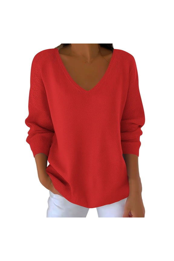 Womens Knit Sweater Long Sleeve V Neck Lightweight Solid Color Loose Ribbed Pullover Tops Trendy Clothes
