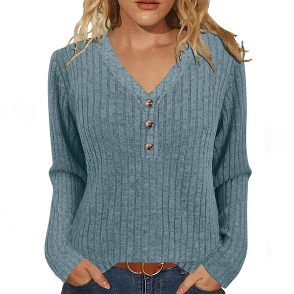 HAiming Womens Knit Sweater V Neck Long Sleeve Button Tunic Pullover Tops Casual Solid Color Blouse Light Blue