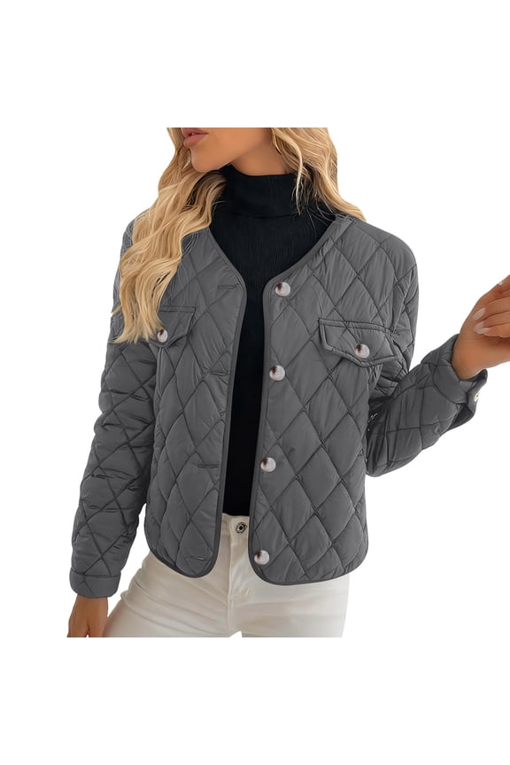 Womens Lightweight Quilted Jacket V-Neck Button down Jackets with Pockets Fall Winter Warm Coats