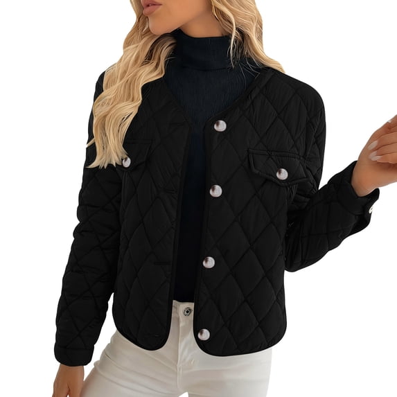 HAiming Womens Lightweight Quilted Jacket V-Neck Button down Jackets with Pockets Fall Winter Warm Coats