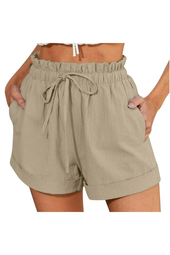 Womens Linen Shorts Drawstring Casual Elastic Waist Summer Beach Lightweight Comfy Short Pants with Pockets
