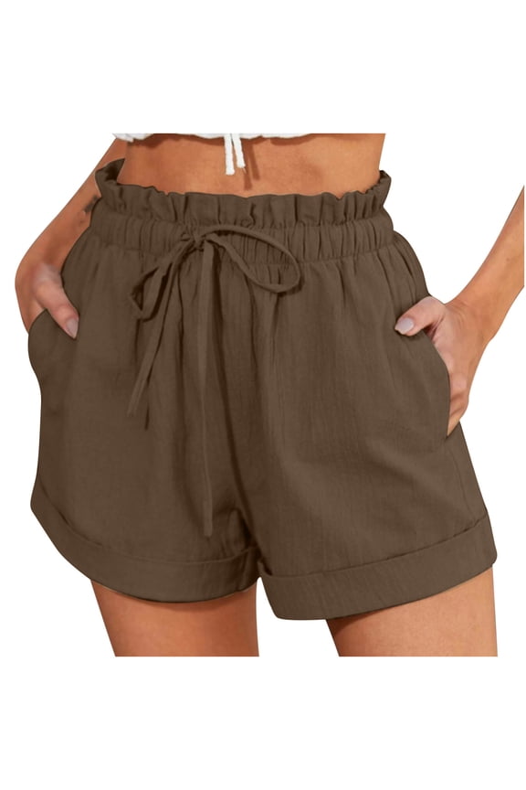 Womens Linen Shorts Drawstring Casual Elastic Waist Summer Beach Lightweight Comfy Short Pants with Pockets