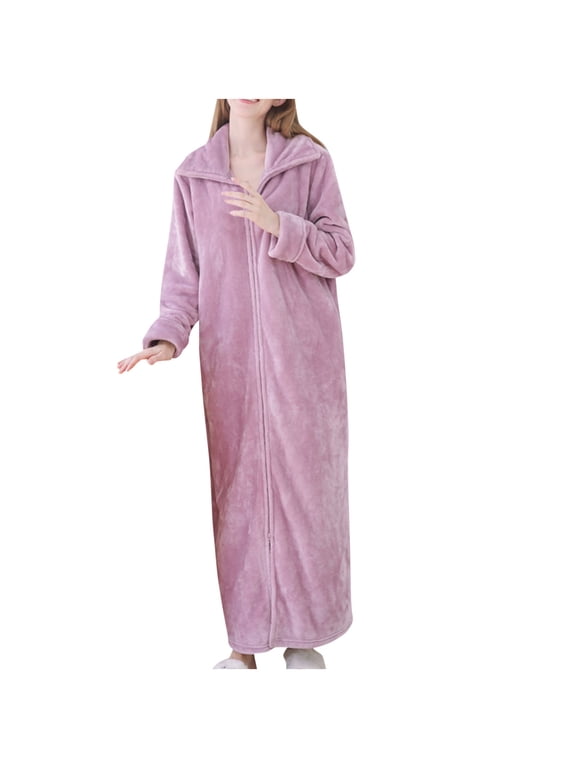Womens Long Maxi Housecoat Warm Winter Fuzzy Fleece Bathrobe Oversized Zipper Lapel Nightgown Coat with Pocket