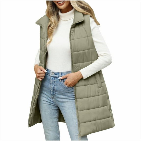 HAiming Womens Long Padded Vest Zip up Solid Color Sleeveless Stand Collar Winter Warm Coat Outwear with Pockets