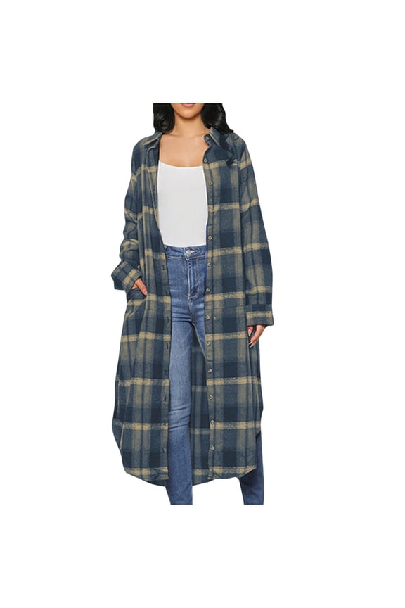 Womens Long Plaid Jacket 2025 Trendy Lapel Button down Long Sleeved Fall Casual Loose Long Coat with Pockets
