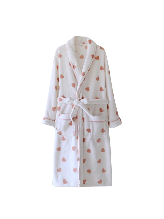 Womens Long Printed Robe Warm Thick Fuzzy Oversized V Neck Spa Loungewear Winter Bathrobe with Tie