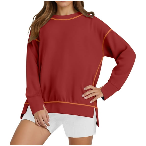 HAiming Womens Long Sleeve Oversize Sweatshirt Casual Crewneck Pullover Color Block Side Split Tops