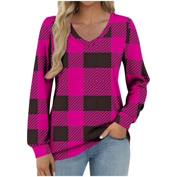 HAiming Womens Long Sleeve Plaid Shirt V Neck Pullover Casual Tops Blouse Fall Winter Trendy Clothes