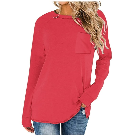 HAiming Womens Long Sleeve Round Neck Shirts Solid Color Pullover Basic Tops Fall Winter Casual Trendy Tunic Blouse