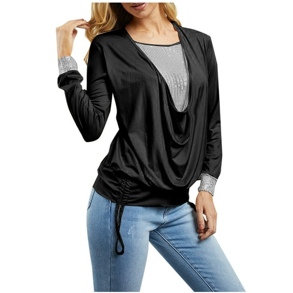 HAiming Womens Long Sleeve Sequin Sparkly Tops Trendy Drawstring Ruched Elastic Shirts 2025 Plus Size Casual Outfits