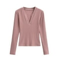 thumbnail image 1 of HAiming Womens Long Sleeve Shirt V Neck Casual Solid Color Pullover Basic Crop Tops Trendy Fall Fashion Blouse, 1 of 4