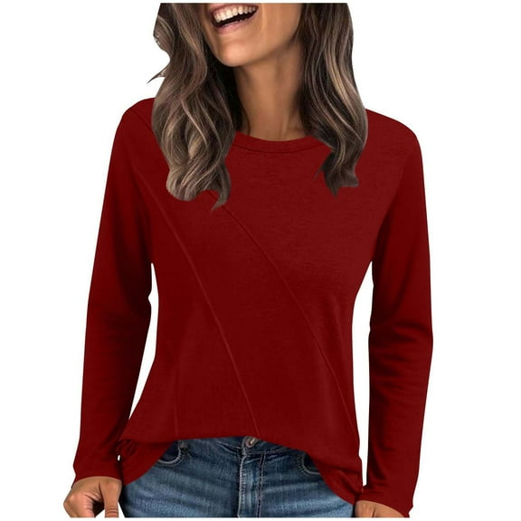 HAiming Womens Long Sleeve Shirts Crew Neck Basic Tee Fall Solid Color Trendy Tops Loose Going out T Shirts Blouses