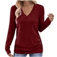 thumbnail image 1 of HAiming Womens Long Sleeve Tops V Neck Solid Color Pullover Side Button T-Shirt Basic Tee Trendy Outfits, 1 of 8