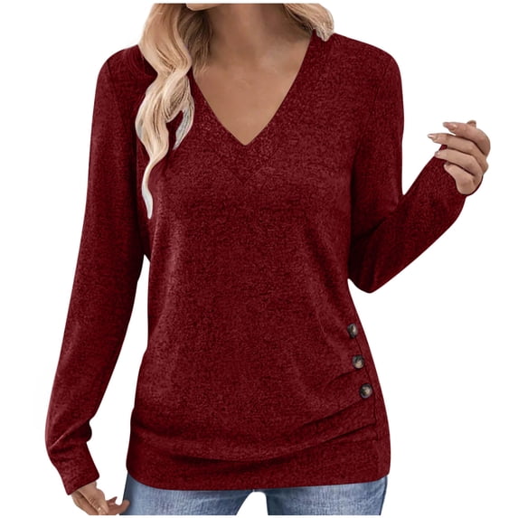 HAiming Womens Long Sleeve Tops V Neck Solid Color Pullover Side Button T-Shirt Basic Tee Trendy Outfits