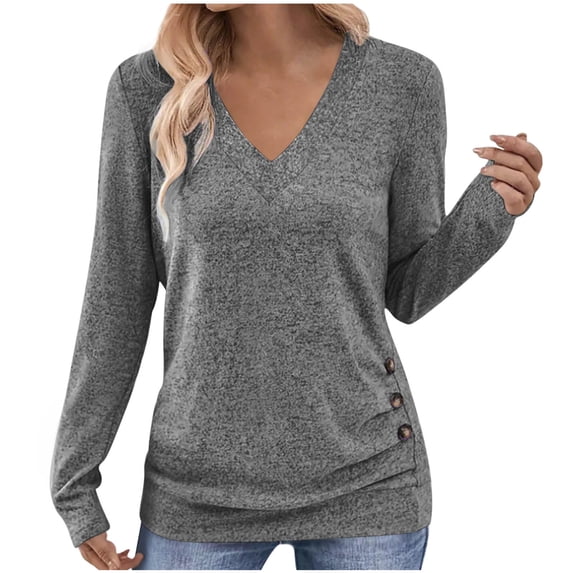 HAiming Womens Long Sleeve Tops V Neck Solid Color Pullover Side Button T-Shirt Basic Tee Trendy Outfits