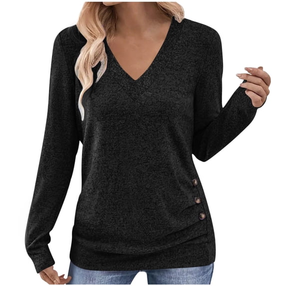 HAiming Womens Long Sleeve Tops V Neck Solid Color Pullover Side Button T-Shirt Basic Tee Trendy Outfits