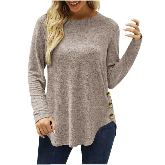 HAiming Womens Long Sleeve Tunic Tops Trendy Solid Color Round Neck Shirt Fall Winter Casual Loose Pullover Blouses