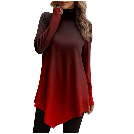 HAiming Womens Long Sleeve Turtleneck Tunic Tops 2025 Trendy Gradient Color Loose Irregular Hem Casual Shirts Blouse