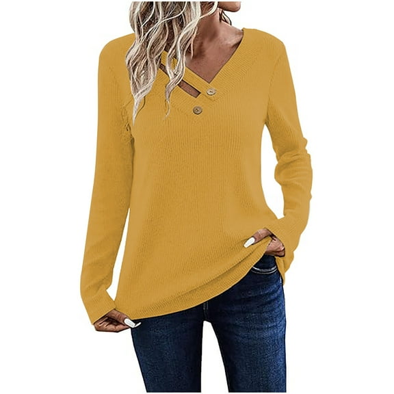HAiming Womens Long Sleeve V Neck Shirts Fall Winter Trendy Ribbed Knit Tops Casual Lightweight Basic Pullover Blouse