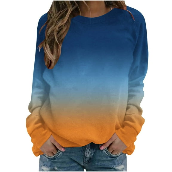 HAiming Womens Long Sleeved Tops Trendy Gradient Color Round Neck Shirts Fall Winter Plus Size Casual Pullover Blouse