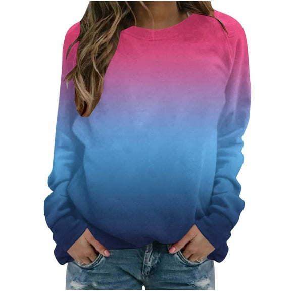HAiming Womens Long Sleeved Tops Trendy Gradient Color Round Neck Shirts Fall Winter Plus Size Casual Pullover Blouse