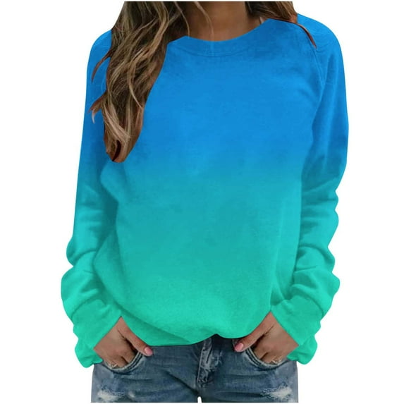 HAiming Womens Long Sleeved Tops Trendy Gradient Color Round Neck Shirts Fall Winter Plus Size Casual Pullover Blouse